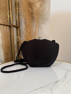 La Regale Black Pleated Satin Evening Structure Mini Bag Vintage Purse Handbag